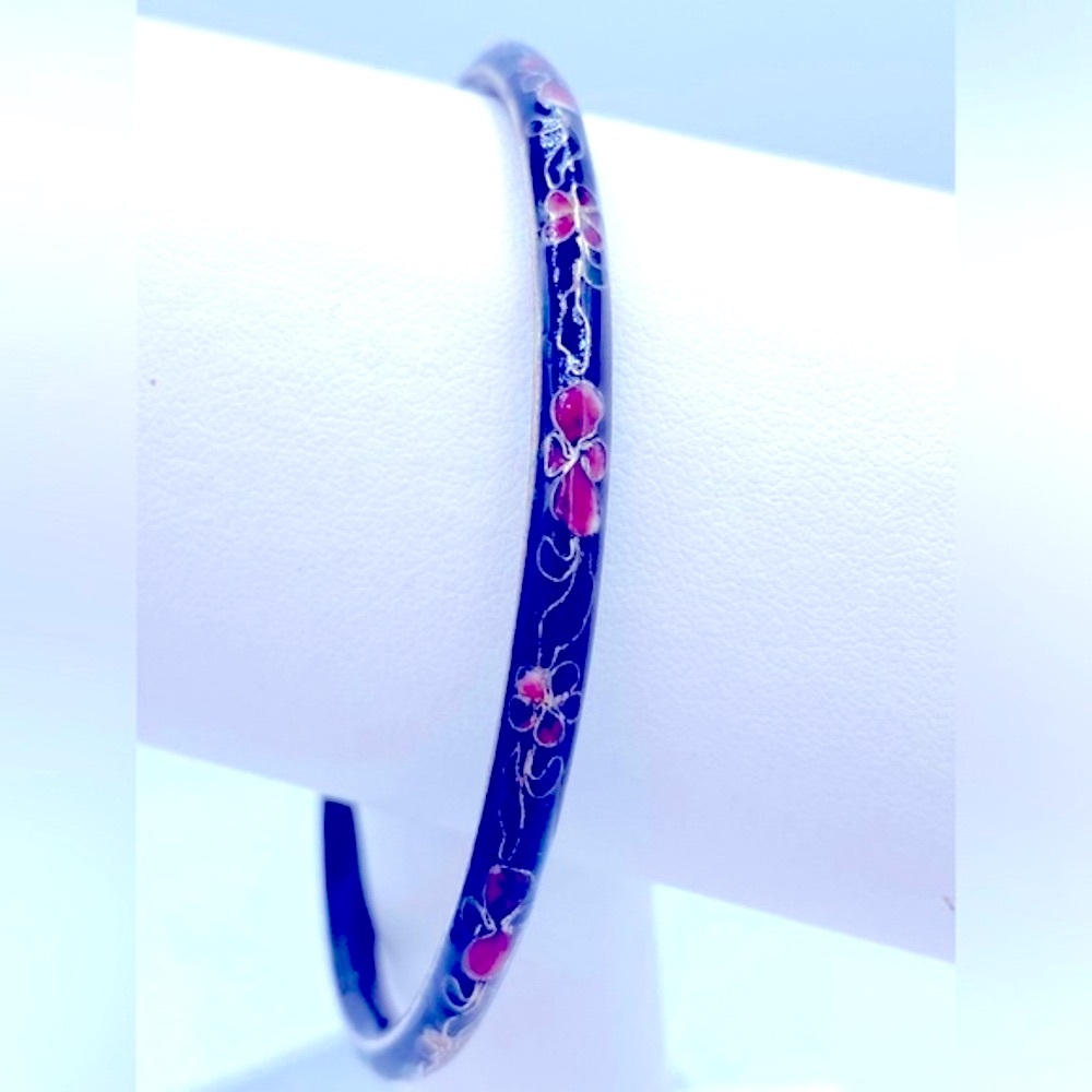 Vintage Black Enamel Cloisonné Dainty Bangle Bracelet Floral Design Size 8”